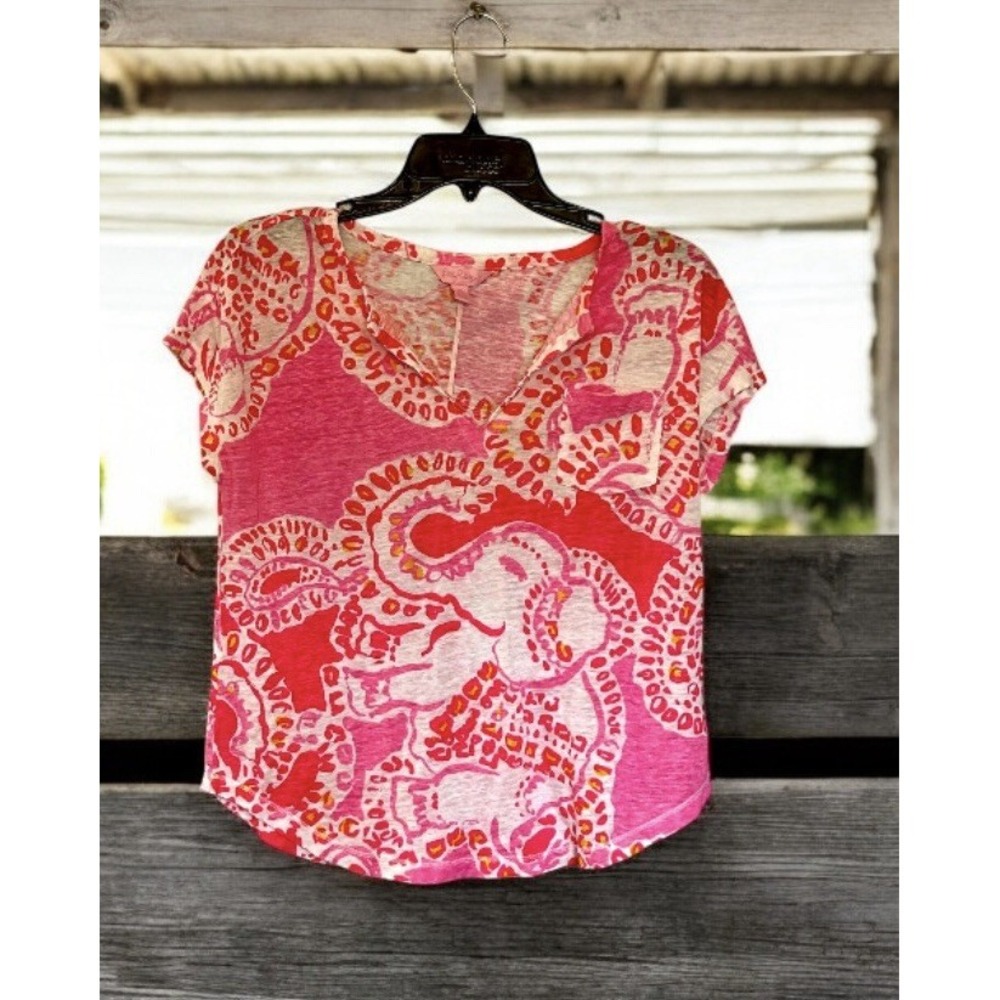 LILLY PULITZER Short Sleeve Split-Neck Top 100% Linen Coastal Seashell Size XS